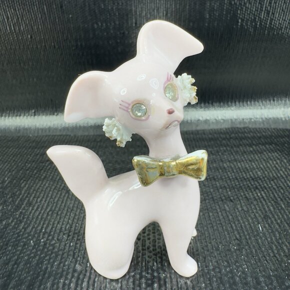 Thames Pink Ceramic Poodle Figurines Gold Bows Rhinestone Eyes Spaghetti Set 3 - Picture 12 of 15
